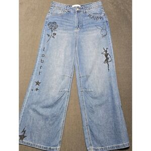 Playboy Jeans Size 13 Wide Leg Graphic Denim Lover Rose Bunny‎ Rave Y2K Baggy